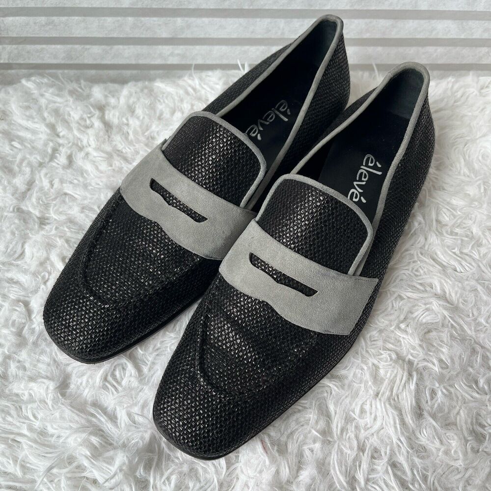 Élevée Mens Moccasin Shoes black woven raffia, gray suede, size EU 40/US 7